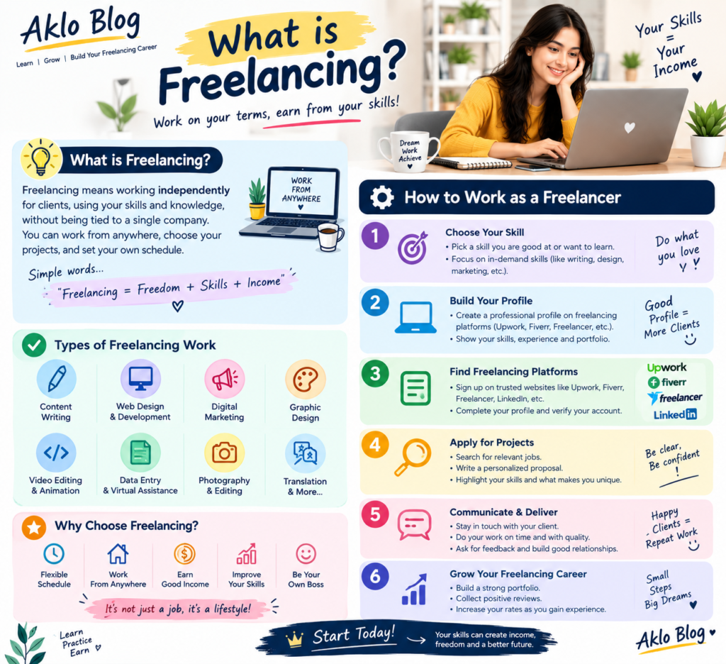 # How to Start Freelancing in 2026: A Complete Beginner’s Guide Freelancing has become one of the most popular ways to build an online career. Today, people can offer their skills to clients around the world without working in a traditional office. Whether you are a student, beginner, professional, or someone looking for an additional income source, **freelancing can provide exciting career opportunities**. If you are wondering how to start freelancing in 2026, this guide will explain everything you need to know—from choosing a skill to finding your first client. ## What Is Freelancing? Freelancing means working independently for clients or businesses on a project or contract basis. A freelancer is not usually a permanent employee of one company. Instead, they provide specific services to different clients. For example, a freelancer may offer: * Content writing * Graphic design * Website design * SEO * Social media marketing * Video editing * Google Ads management * Data entry * Virtual assistance * Digital marketing The biggest advantage of freelancing is flexibility. You can often choose your projects, clients, working hours, and location. ## Why Should You Start Freelancing in 2026? The demand for online services continues to grow as businesses increasingly use websites, social media, online advertising, and digital platforms. Some major benefits of freelancing include: ### 1. Work Flexibility Freelancers can often choose when and where they work. This makes freelancing attractive to students and people who want flexible working arrangements. ### 2. Global Clients You can work with clients from different cities and countries. Your potential market is not limited to your local area. ### 3. Low Starting Cost You do not necessarily need a large investment to start. A computer, internet connection, useful skills, and dedication can be enough to begin. ### 4. Skill Development Freelancing allows you to continuously improve your professional skills. Every project can provide new experience. ### 5. Career Growth With experience, a freelancer can increase their rates, build a strong reputation, develop long-term client relationships, and eventually create an agency or online business. ## Step 1: Choose a Freelancing Skill The first step is deciding what service you want to offer. Do not try to learn everything at once. Choose one skill and focus on improving it. For example, if you enjoy social media, you could learn **social media marketing**. If you like writing, you could start with content writing. If you enjoy designing videos, video editing could be a good option. Ask yourself: * What am I interested in? * What skills do I already have? * What skill can I learn? * What services do businesses need? Choosing the right skill gives you a clear direction. ## Step 2: Learn and Practice After choosing your skill, start learning the basics. You can use free tutorials, courses, blogs, videos, and online learning resources. But learning alone is not enough. You also need practice. For example, if you want to become a social media marketer, create sample posts and content calendars. If you want to become a website designer, create sample websites. Practice helps you build confidence and creates examples for your portfolio. ## Step 3: Create a Professional Portfolio A portfolio shows potential clients what you can do. If you are a beginner and have no previous clients, create sample projects. For example: **SEO:** Create a sample SEO-optimized article. **Social Media Marketing:** Create sample Instagram or Facebook posts. **Graphic Design:** Create sample posters, banners, and social media designs. **Video Editing:** Create short sample videos. Your portfolio should be simple, professional, and easy to understand. ## Step 4: Create Your Freelancing Profile Your profile is your online professional introduction. It should clearly explain who you are, what services you provide, and how you can help clients. A strong profile should include: * Professional profile photo * Clear headline * Short introduction * Skills * Services * Portfolio * Experience * Contact information Avoid writing complicated sentences. Use simple language and focus on the value you can provide to clients. ## Step 5: Find Your First Freelancing Client Finding the first client can be difficult, but do not become discouraged. You can search for clients through freelancing platforms, social media, LinkedIn, networking, and your own website. When contacting a potential client, do not simply say, “I need work.” Instead, explain how your service can solve a problem. For example: **“I can help improve your social media presence by creating consistent, engaging content for your target audience.”** A personalized message can make a better impression than a generic proposal. ## Step 6: Start With Small Projects When you are new to freelancing, focus on building experience and trust. Small projects can help you: * Build your portfolio * Get reviews * Understand client requirements * Improve communication * Gain confidence * Develop professional experience As your experience grows, you can gradually target larger projects and better-paying clients. ## Step 7: Build Your Personal Brand Your personal brand can help you stand out from other freelancers. Create professional profiles on platforms where your potential clients spend time. Share useful content related to your expertise. For example, if you provide digital marketing services, you can post about: * SEO tips * Social media marketing * Google Ads * Content marketing * Website optimization * Freelancing tips Regular content can help people recognize your expertise. ## Common Freelancing Mistakes to Avoid Beginners often make a few common mistakes. ### Trying to Learn Everything Focus on one primary skill first instead of trying to master ten different skills. ### Having No Portfolio Even if you have no clients, create sample work to demonstrate your ability. ### Sending Generic Proposals Customize your proposal according to the client's requirements. ### Promising Too Much Only promise what you can actually deliver. ### Giving Up Too Early Getting your first client may take time. Consistency and continuous improvement are important. ## How Much Can a Freelancer Earn? Freelancing income varies greatly depending on your skill, experience, service, location, client type, and project value. Beginners may start with smaller projects while building experience. Experienced freelancers can charge higher rates because they provide stronger expertise and results. Instead of focusing only on earning quickly, focus first on developing valuable skills, building a portfolio, and creating strong client relationships. ## Final Thoughts **Starting freelancing in 2026 can be a great way to build an online career**, but success does not happen overnight. You need to learn a valuable skill, practice regularly, create a professional portfolio, find potential clients, and continuously improve. Start small, stay consistent, and learn from every project. Your first goal should not be perfection—it should be taking the first step. At **Aklo Blog**, you can continue learning about freelancing, digital marketing, SEO, social media marketing, and online career opportunities. **Start learning today, build your skills, create your portfolio, and take your first step toward becoming a successful freelancer.**